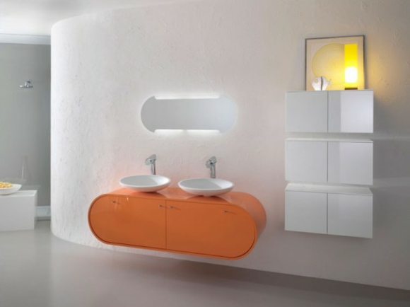 déco salle de bain simple orange banc