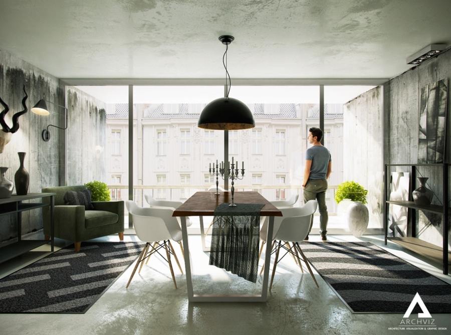 salle à manger contemporaine design d'intérieur urabain et moderne déco lampe suspendue chaise blanche murs et plafonds en style industriel