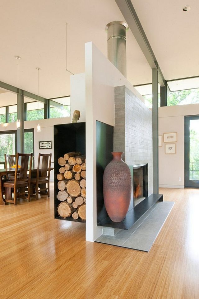 design intérieur pile bois incorporée meuble cheminée