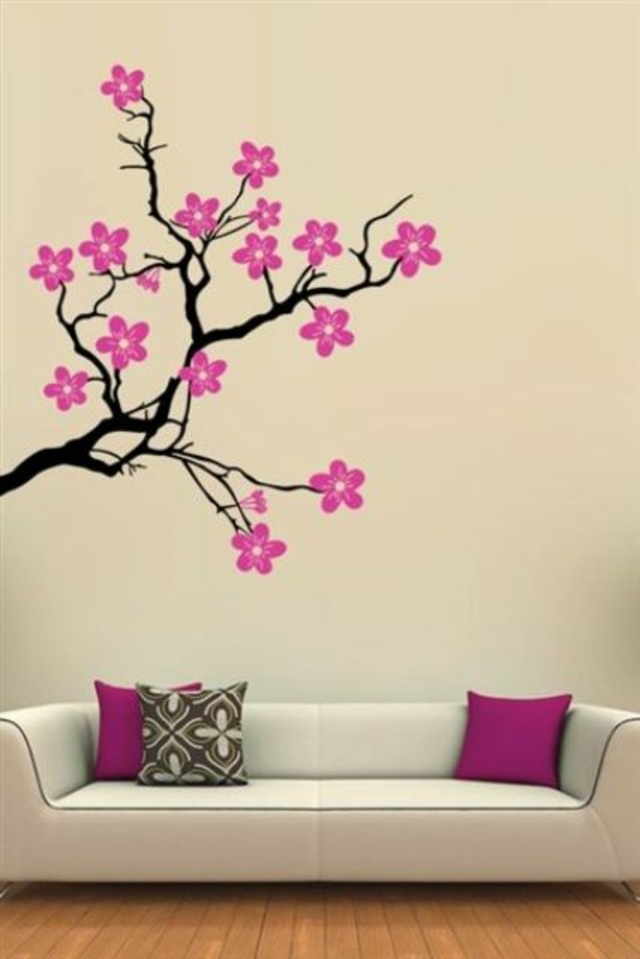 dessin mural fleurs idée déco salon canapé cuir blanc cerisier