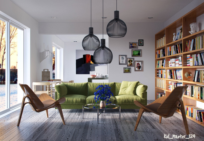 design intérieur déco salon moderne lampe chaise chaise en bois design lampe suspendue design canapé vert bibliothèque