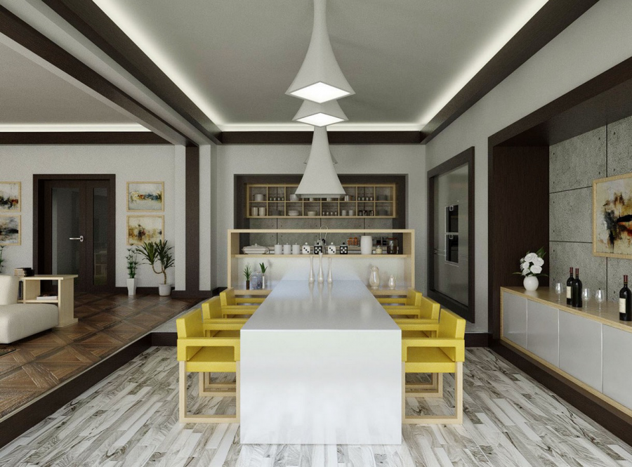 salle à manger d'un intérieur très contemporain design chaises jaunes table blanche lampe design suspendue plafond