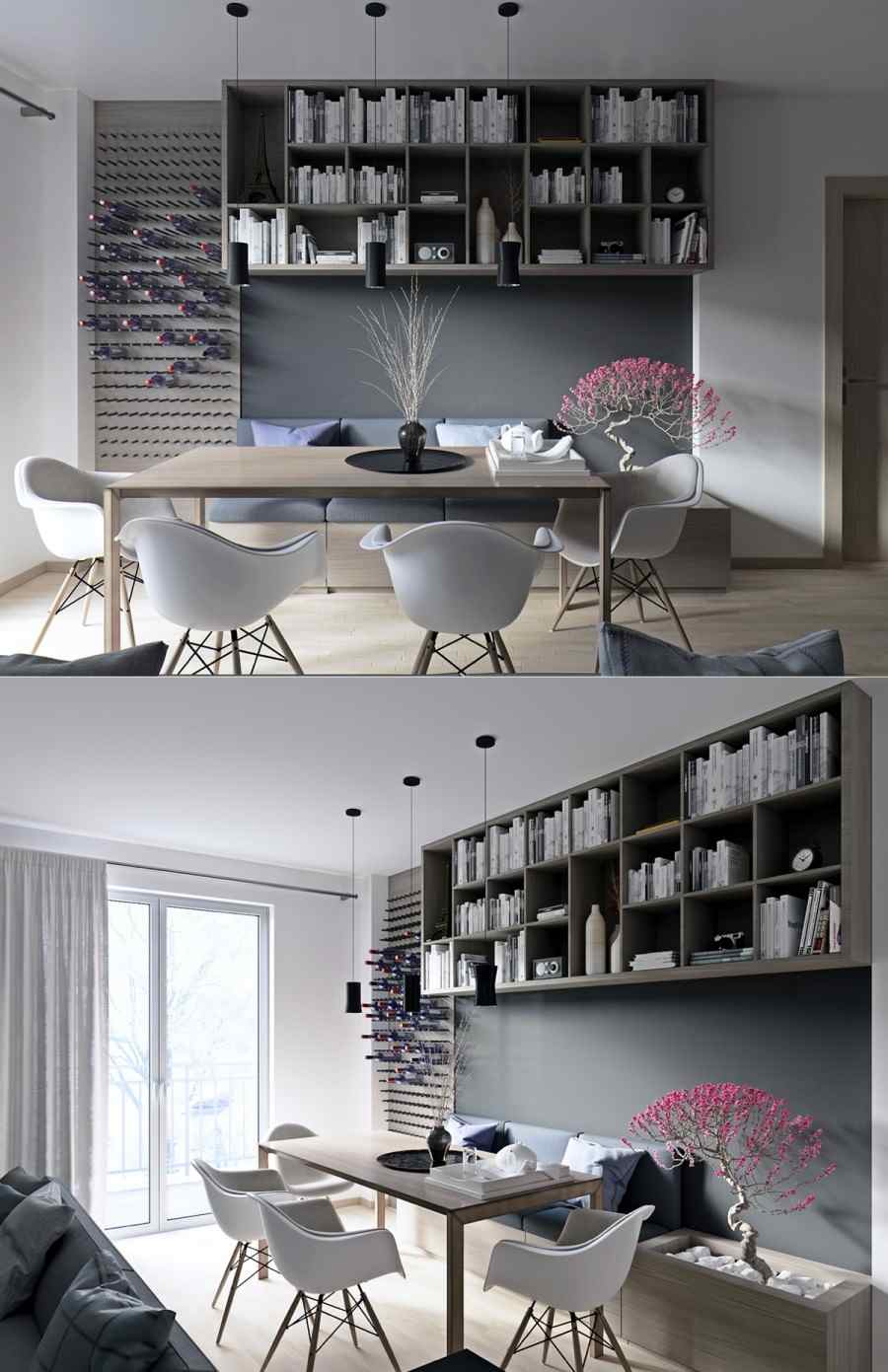 salle à manger contemporaine intérieur moderne appart design chaise blanche table en bois bibliothèque