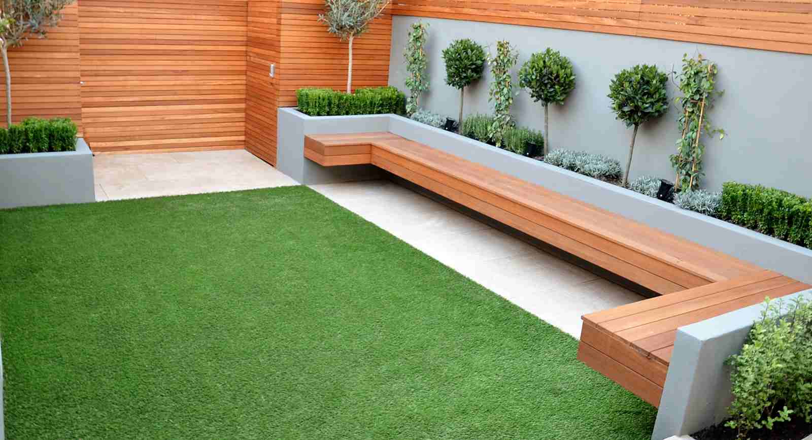 aménagement jardin contemporain minimaliste banc bois