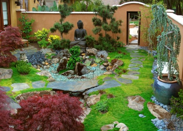 jardin zen inspiration japonaise avec éléments décoration bouddha