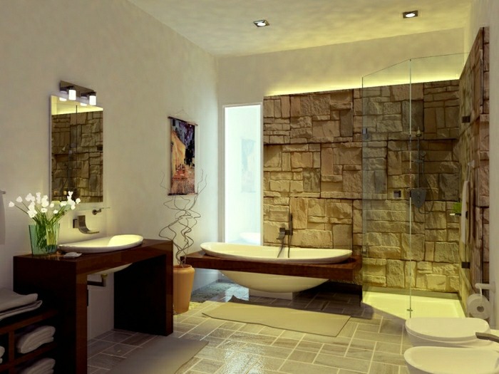 salle de bain lumière douce luminaire en argent brossé idée déco carrelage en pierre