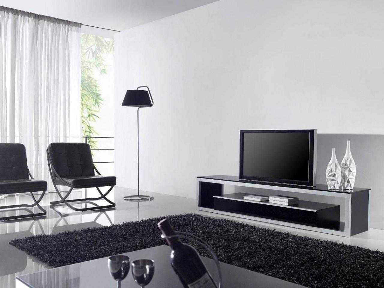 meuble tv design idée salon télé tapis de sol noir