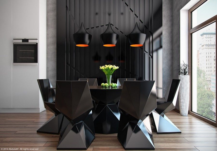 style urbain design moderne meuble mobilier noir chaises design lampe suspendue noir lumière orange 