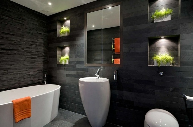 salle de bain couleur noire baignoire éclairage miroir