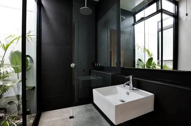 salle de bain moderne teinte noire lavabo blanc plantes intérieur
