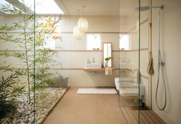 salle de bain zen avec galets et verdure