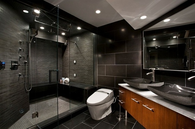salle de bains noire carrelage douche cabine verre