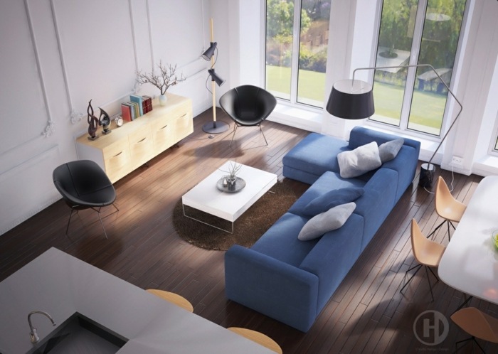 intérieur salon moderne canapé bleu parquet table basse chaises design 