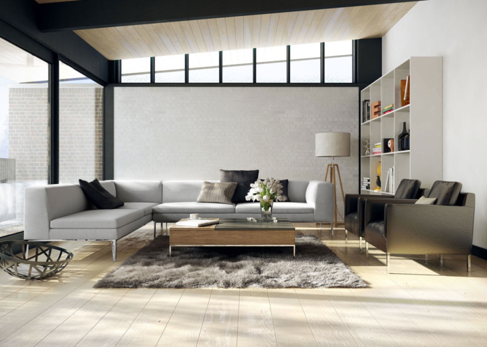salon moderne gris noir blanc déco minimaliste canapé en cuir table en bois