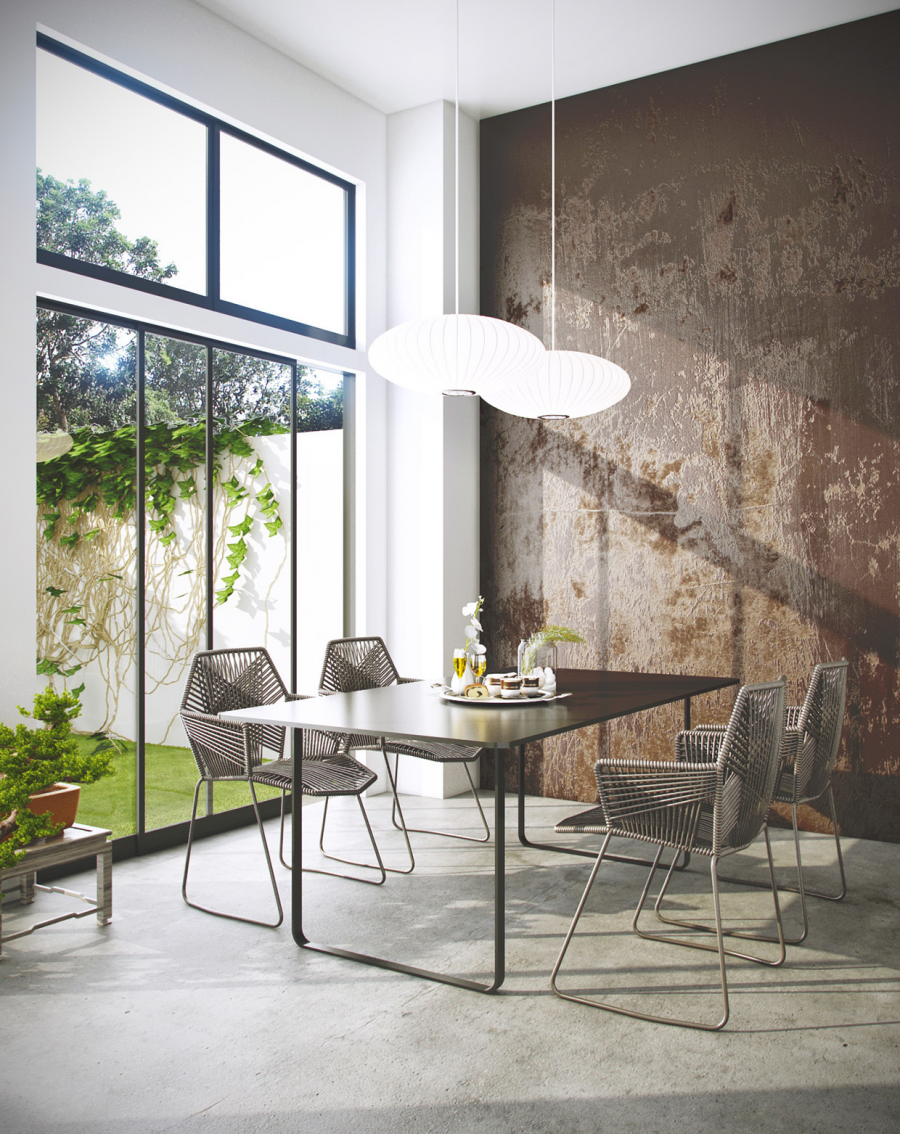 lampe suspendue moderne chaise design salle à manger mur marron plantes vitrines