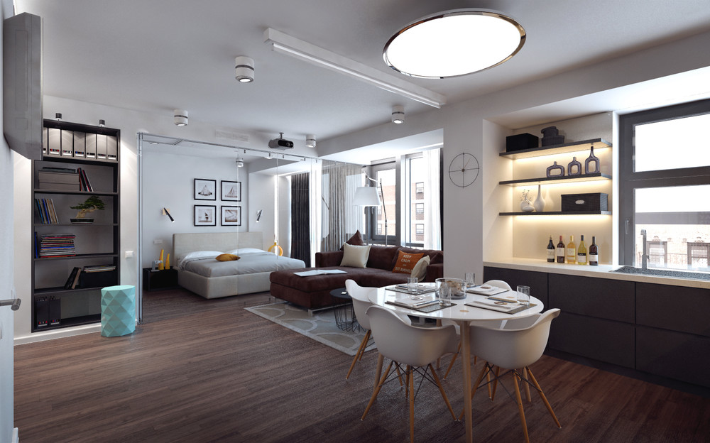 aménagement petit appartement moderne lampe design table blanche Anton Zeitsev