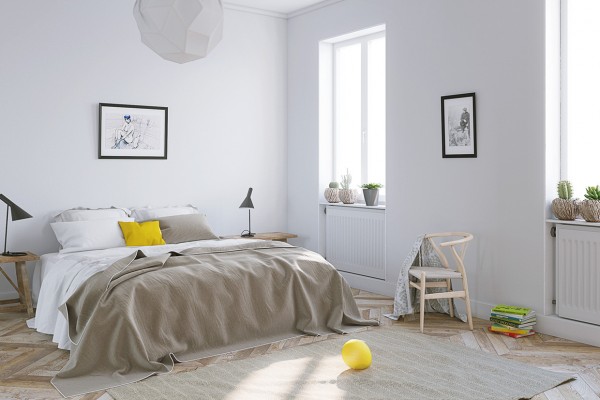 chambre coucher spacieuse moderne accent jaune