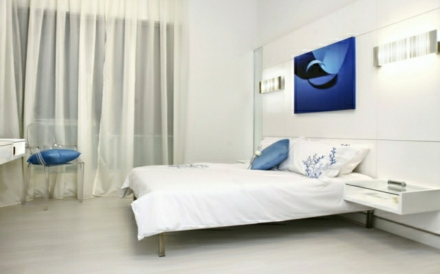 couleur indigo intérieur chambre tableau détail minimaliste coussins chambre à coucher intérieur blanc