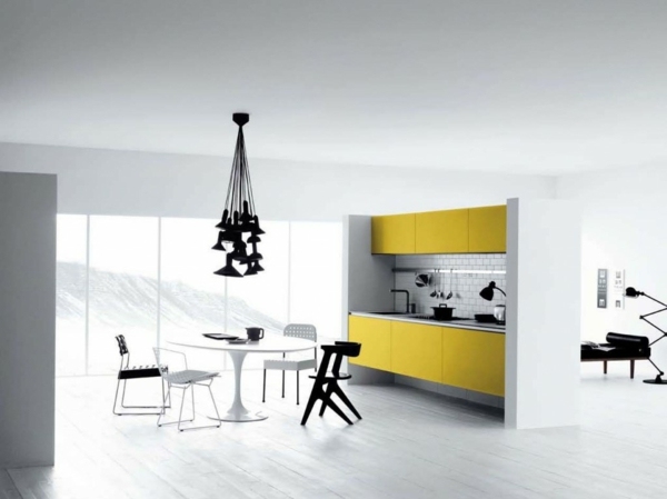 cuisine moderne blanc jaune noir idée design lampe 