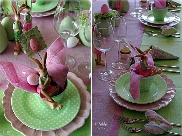 deco originale Paques table rose vert