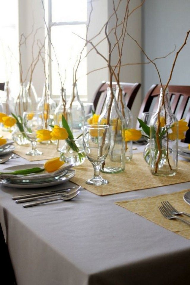 décoration table tulipes jaunes branchettes