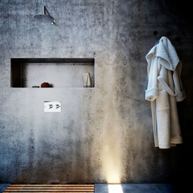 douche cabine sans cloison  et alcove au mur