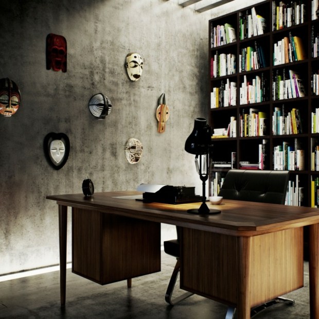 espace créativité avec un meuble bibliothèque et bureau bois