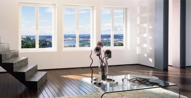 fenêtres pvc blanches pas cher design salon déco table en verre