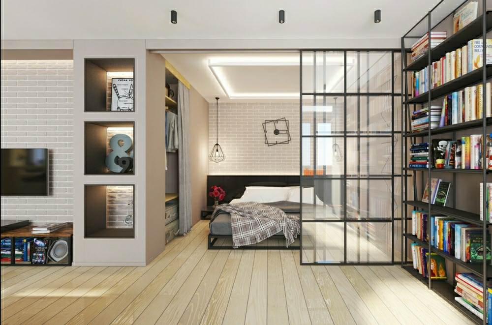 chambre à coucher appartement décoration lit aménagement idée originale lampe suspendue porte coulissante en verre