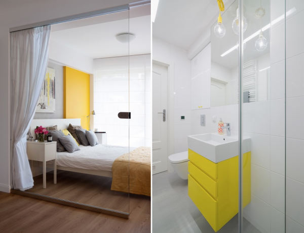 salle bain lavabo jaune vue chambre coucher
