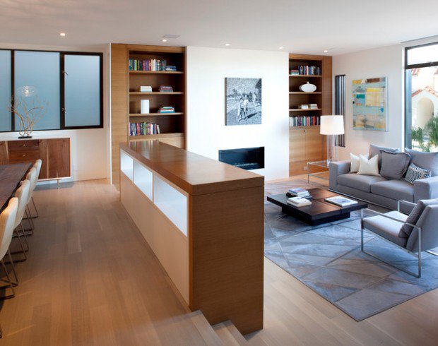 idée aménagement salon design moderne bibliothèque canapé gris parquet en bois