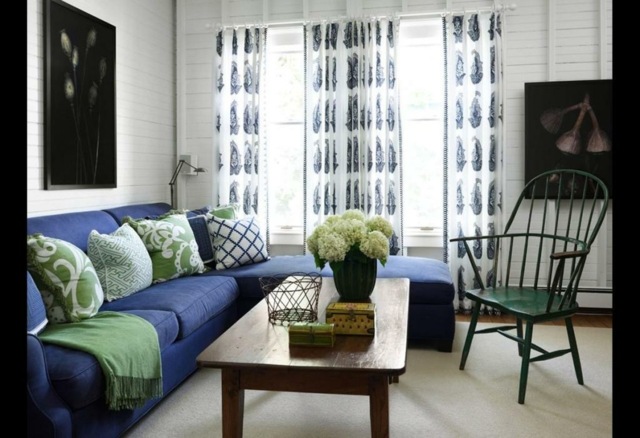 couleur indigo salon intérieur canapé indigo table en bois salon chaise en bois vert coussins aux motifs déco fleur printemps