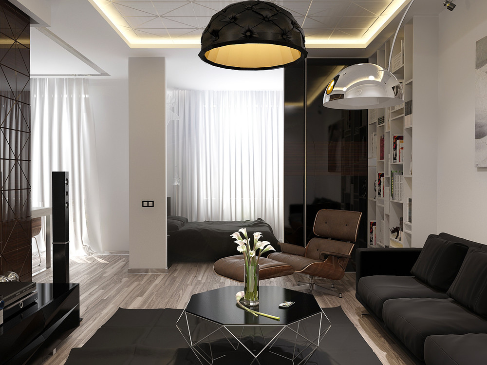 design d'intérieur créative lampe suspendue design noir canapé noir table basse moderne