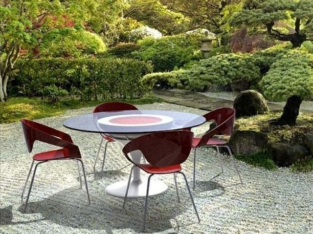 mobilier jardin design table de jardin en verre extérieur moderne chaise design rouge 