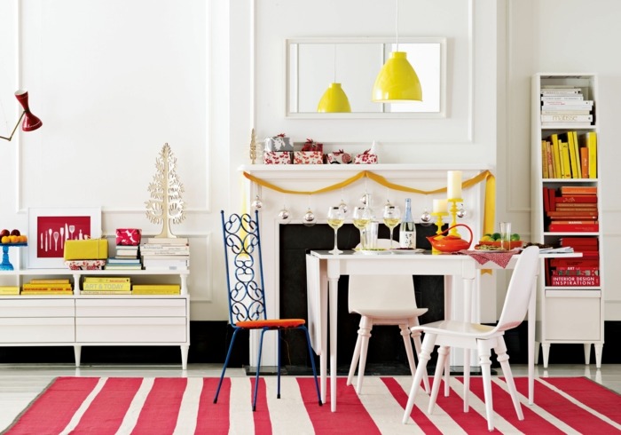 palette de couleurs salon intérieur design lampe suspendue jaune et design table de salon chaise en bois blanche tapis design rouge et blanc minimaliste west elm 