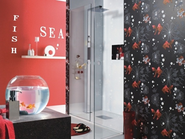 vue salle bain papier peint noir rouge
