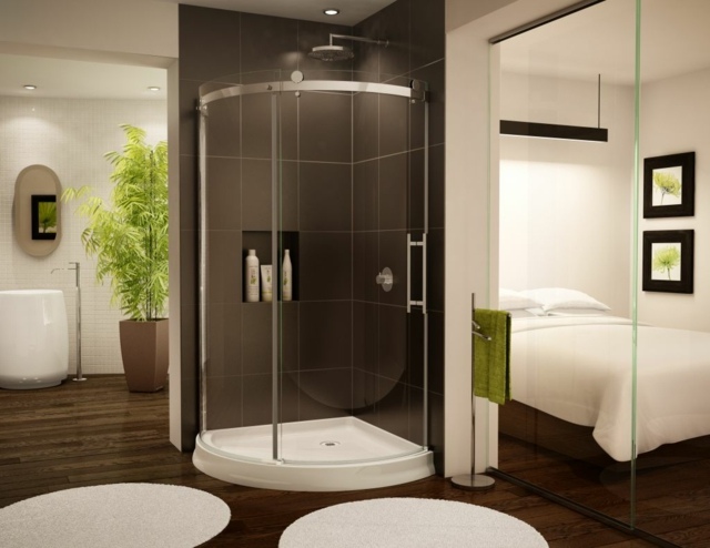 salle de bain moderne et design cabine de douche noir marron déco tapis de sol blanc 