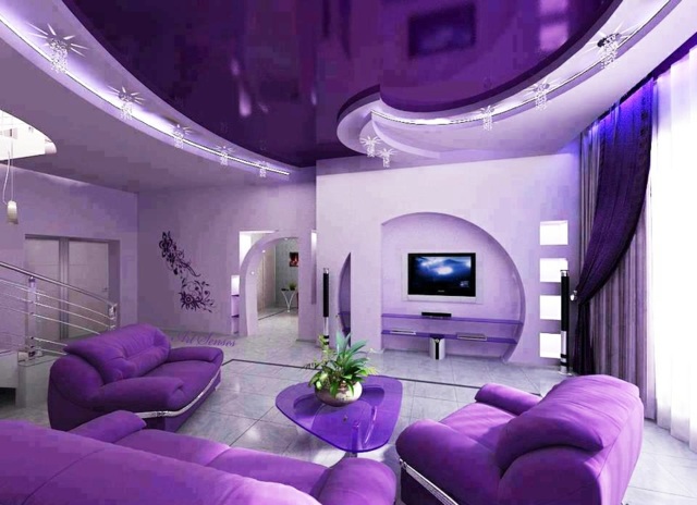 couleur violette salon moderne plafond violet canapé violet design faux plafond 