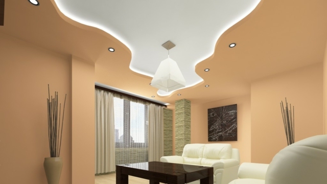 couleurs pastel murs vue plafond faux plafond idée design moderne lampe suspendue design