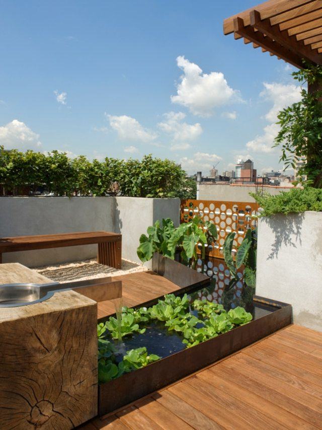 terrasse bassin eau idée plante déco vert design 