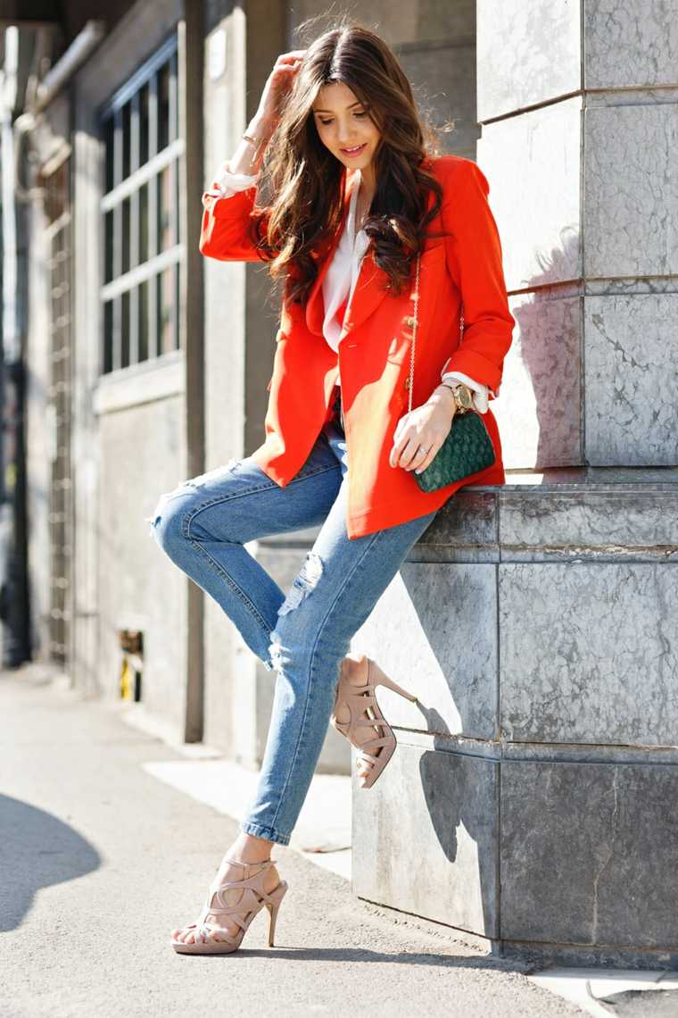 jean déchiré veste orange vintage