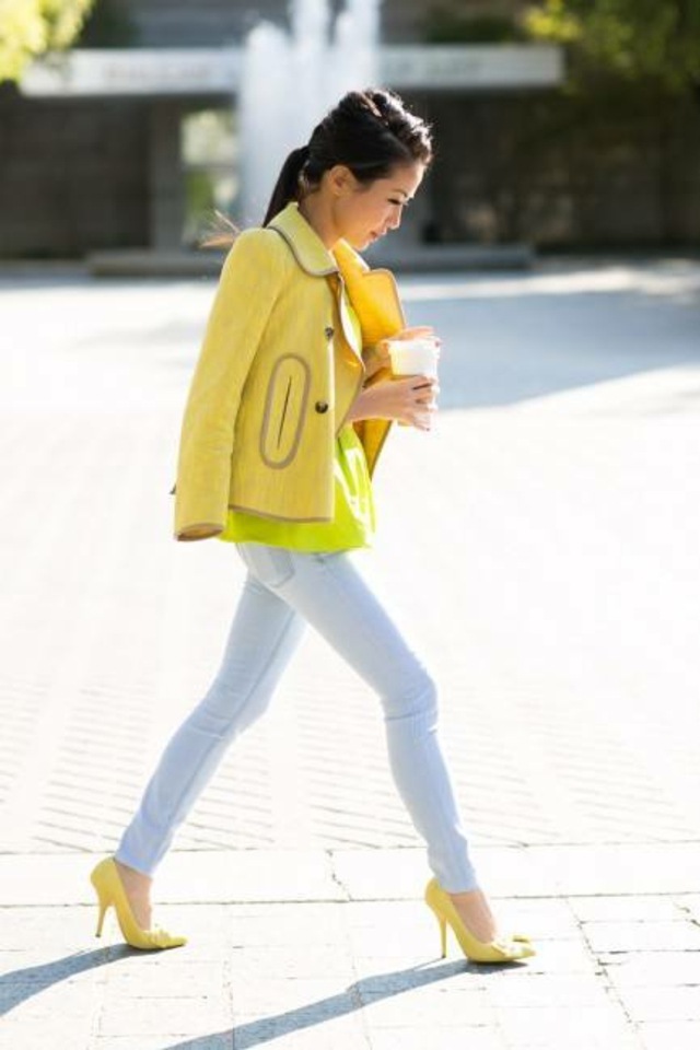 mode 2015 femme veste jaune jeans chemise 