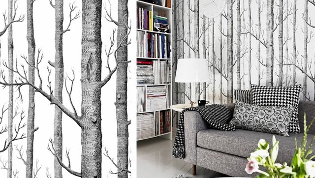 papier peint original style scandinave arbre canapé gris coussins blanc et noir intérieur en style minimaliste