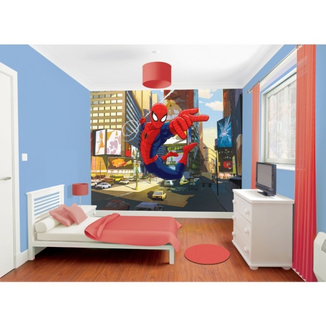 papier peint enfant chambre ado spider man bleu rouge lit placard en bois blanc