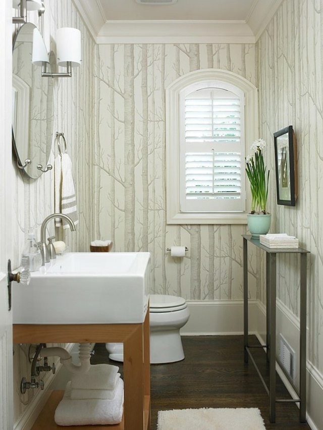 papier peint minimaliste arbre salle de bain murs idée revetements déco intérieur blanc
