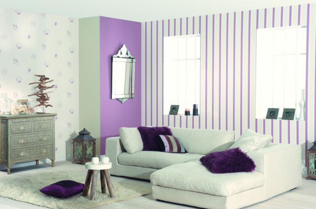 papiet peint original salon papier peint vintage leroy merlin trompe l oeil canapé d'angle salon blanc violet tapis de sol table basse de salon