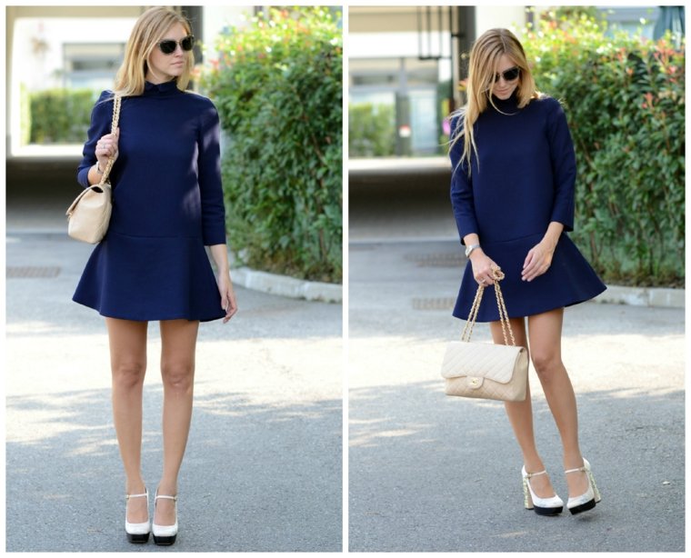 look vintage robe bleue coupe rétro lunettes de soleil