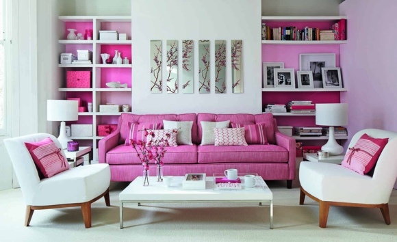 idée couleur salon design blanc rose