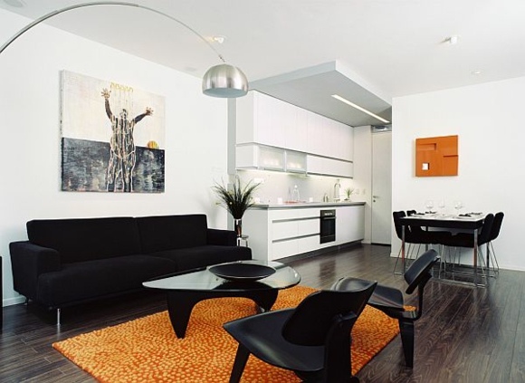 salon moderne blanc noir orange