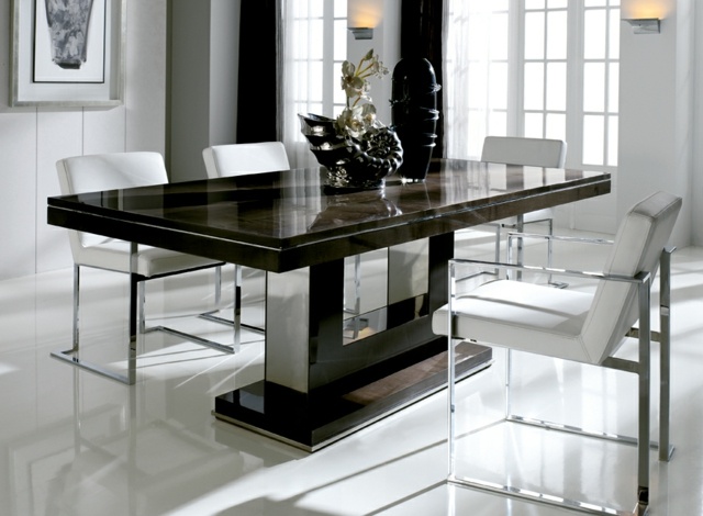 table salle manger design noire chaise cuir blanche
